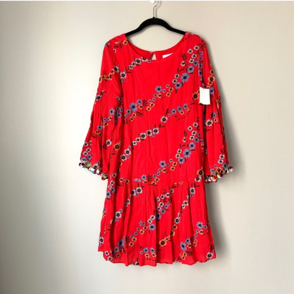 Nicole Miller Red Embroidered Pom-pom dress